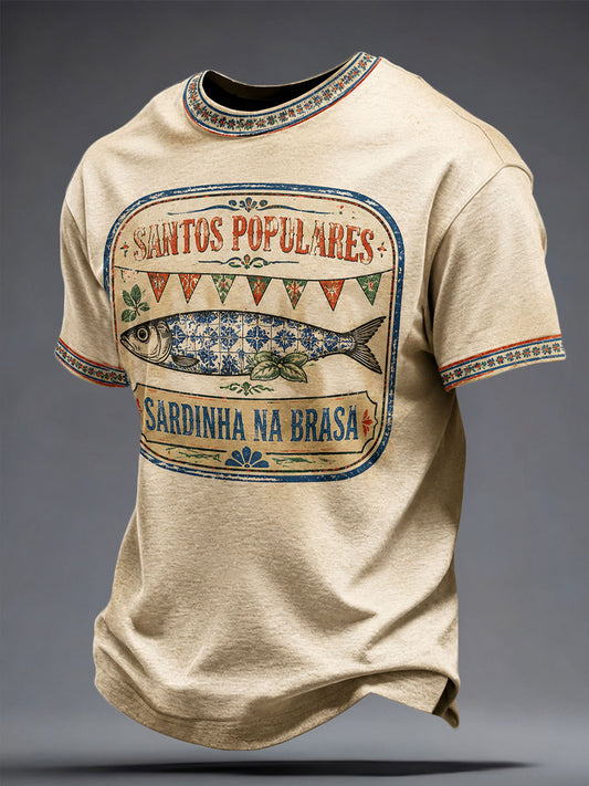 Camiseta masculina Santos Populares com estampa artística de sardinha