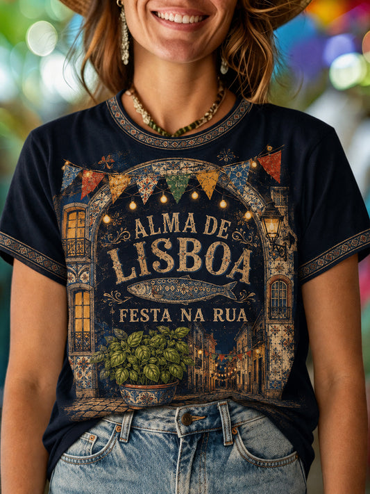 Camiseta feminina Santos Populares com estampa artística de sardinha