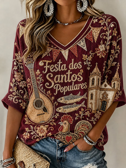 Camisa de Linho com Gola em V e Estampa do Dia de Santo Antônio de Portugal para Mulheres