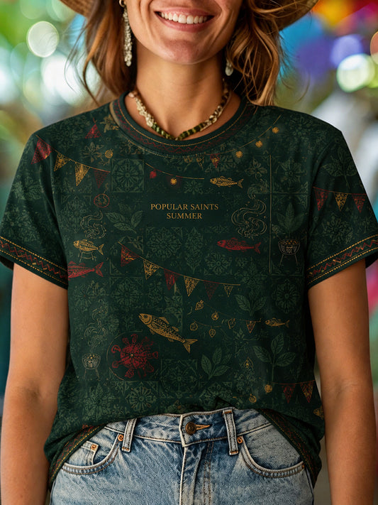 Camiseta feminina Santos Populares com estampa artística de sardinha