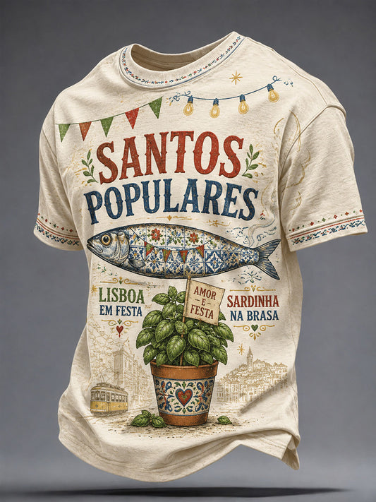 Camiseta masculina Santos Populares com estampa artística de sardinha