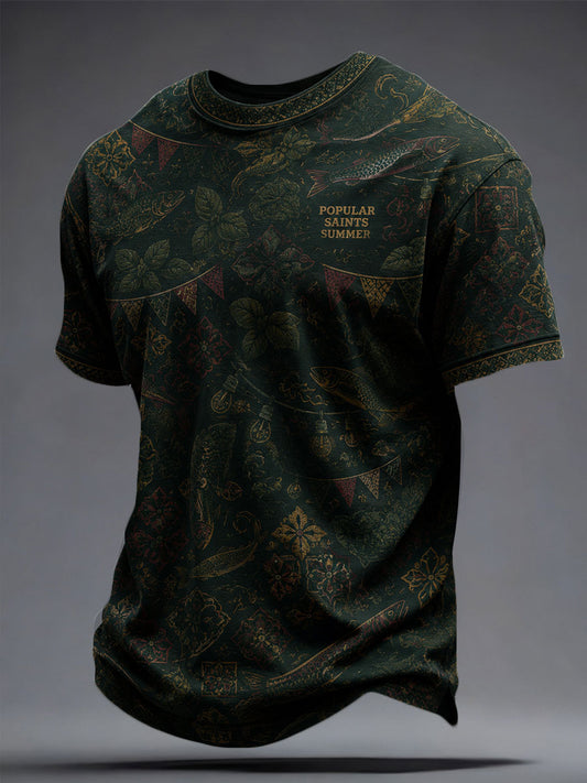 Camiseta masculina Santos Populares com estampa artística de sardinha