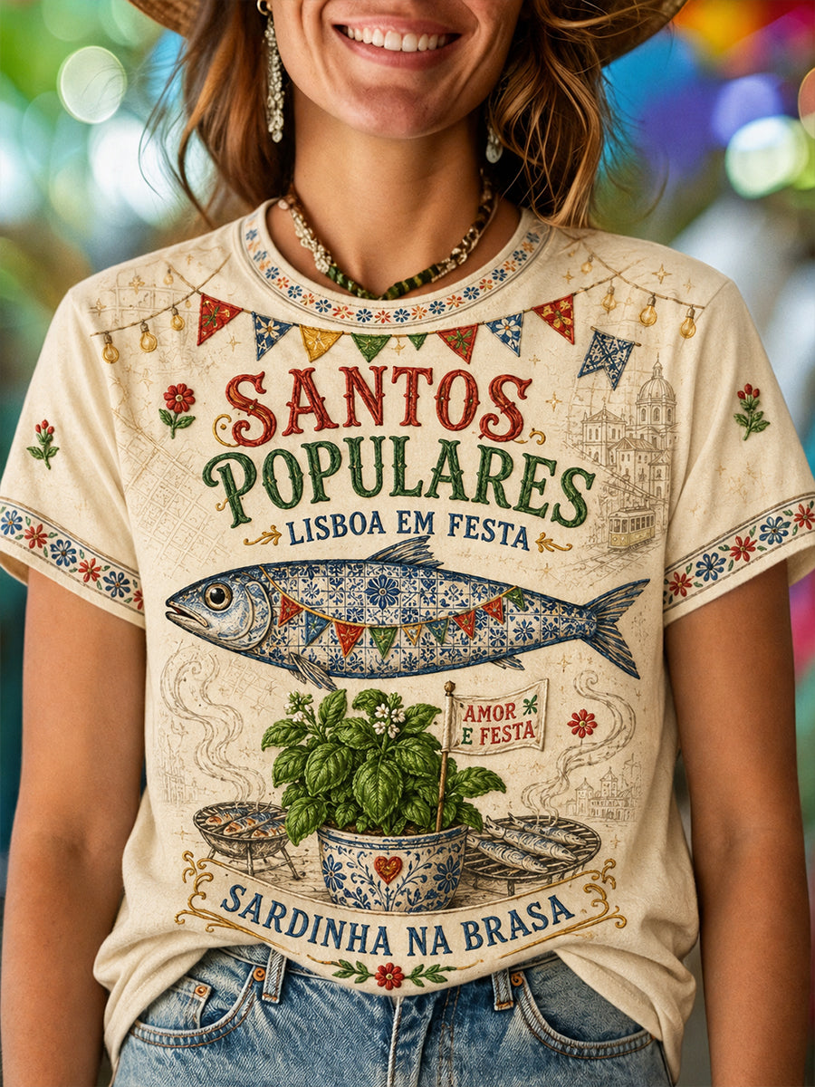 Camiseta feminina Santos Populares com estampa artística de sardinha