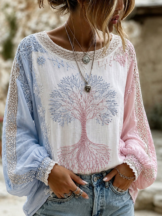 Blusa feminina casual de algodão-linho com estampa floral clássica