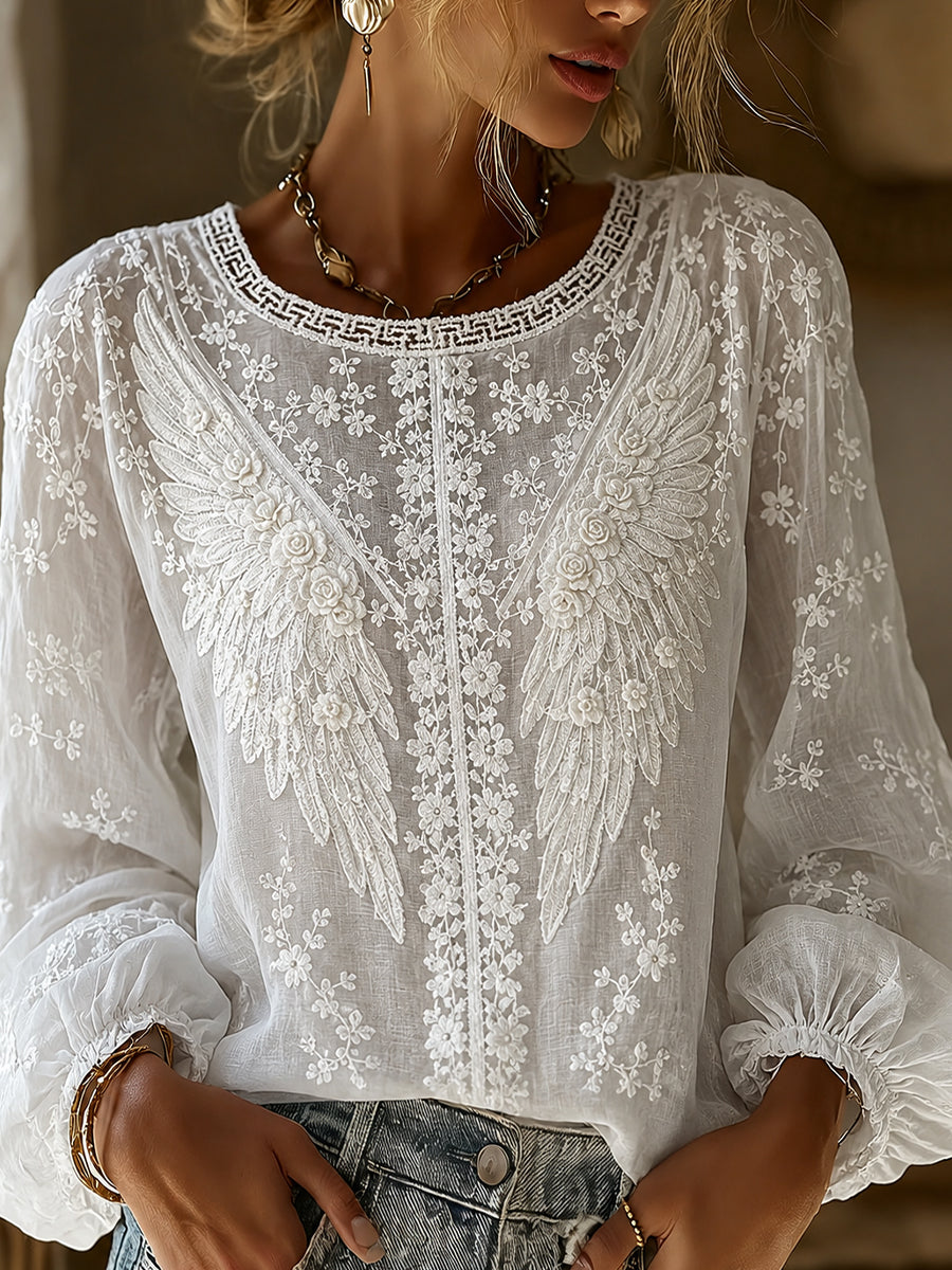 Blusa feminina casual de algodão-linho com estampa floral clássica