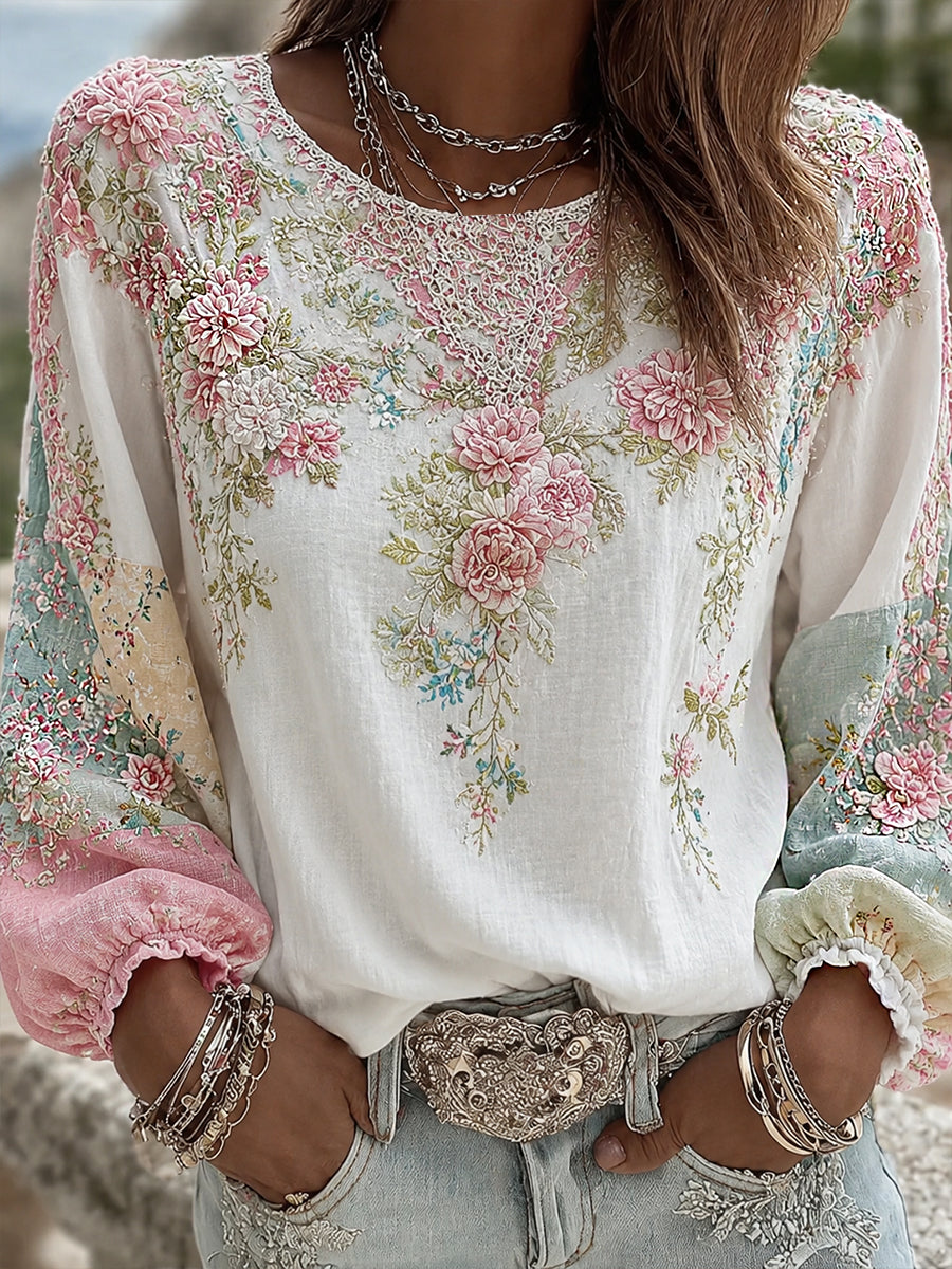 Blusa feminina casual de algodão-linho com estampa floral clássica