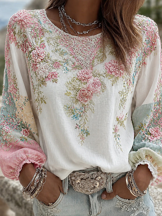 Blusa feminina casual de algodão-linho com estampa floral clássica