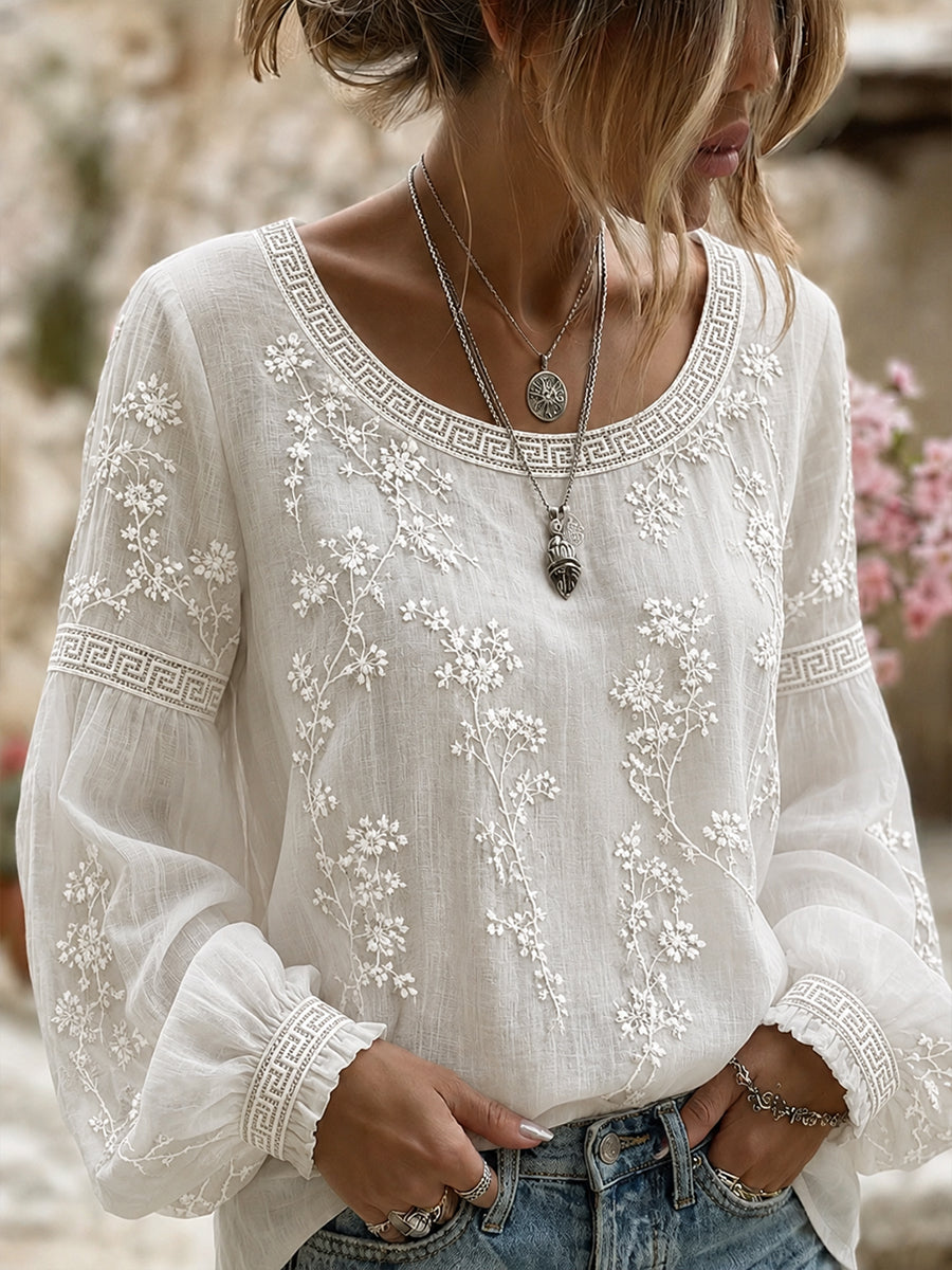 Blusa feminina casual de algodão-linho com estampa floral clássica