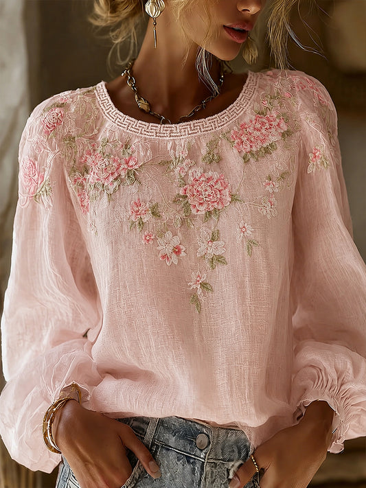 Blusa feminina casual de algodão-linho com estampa floral clássica
