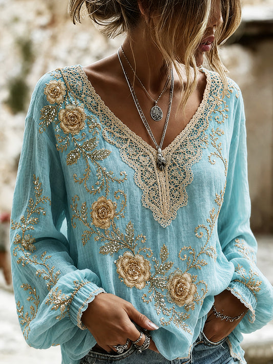 Blusa feminina casual de algodão-linho com estampa floral clássica