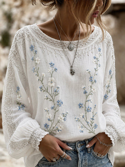 Blusa feminina casual de algodão-linho com estampa floral clássica