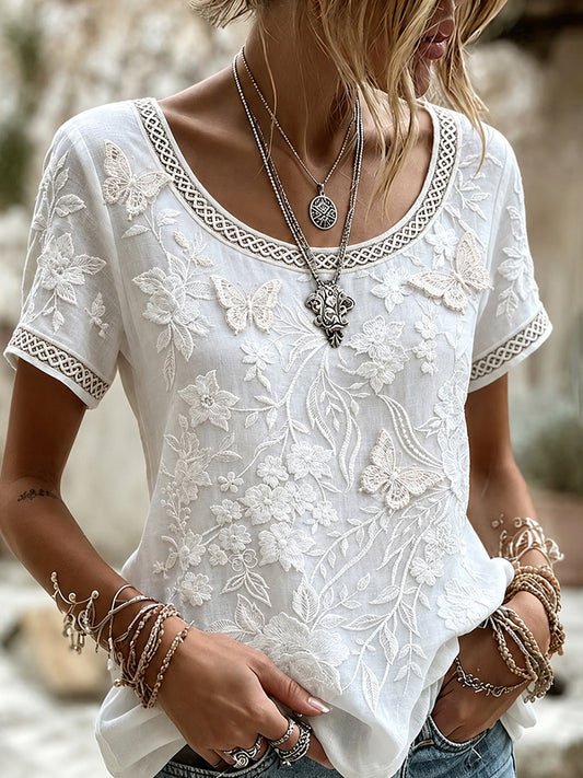 Blusa feminina casual de algodão-linho com estampa floral clássica