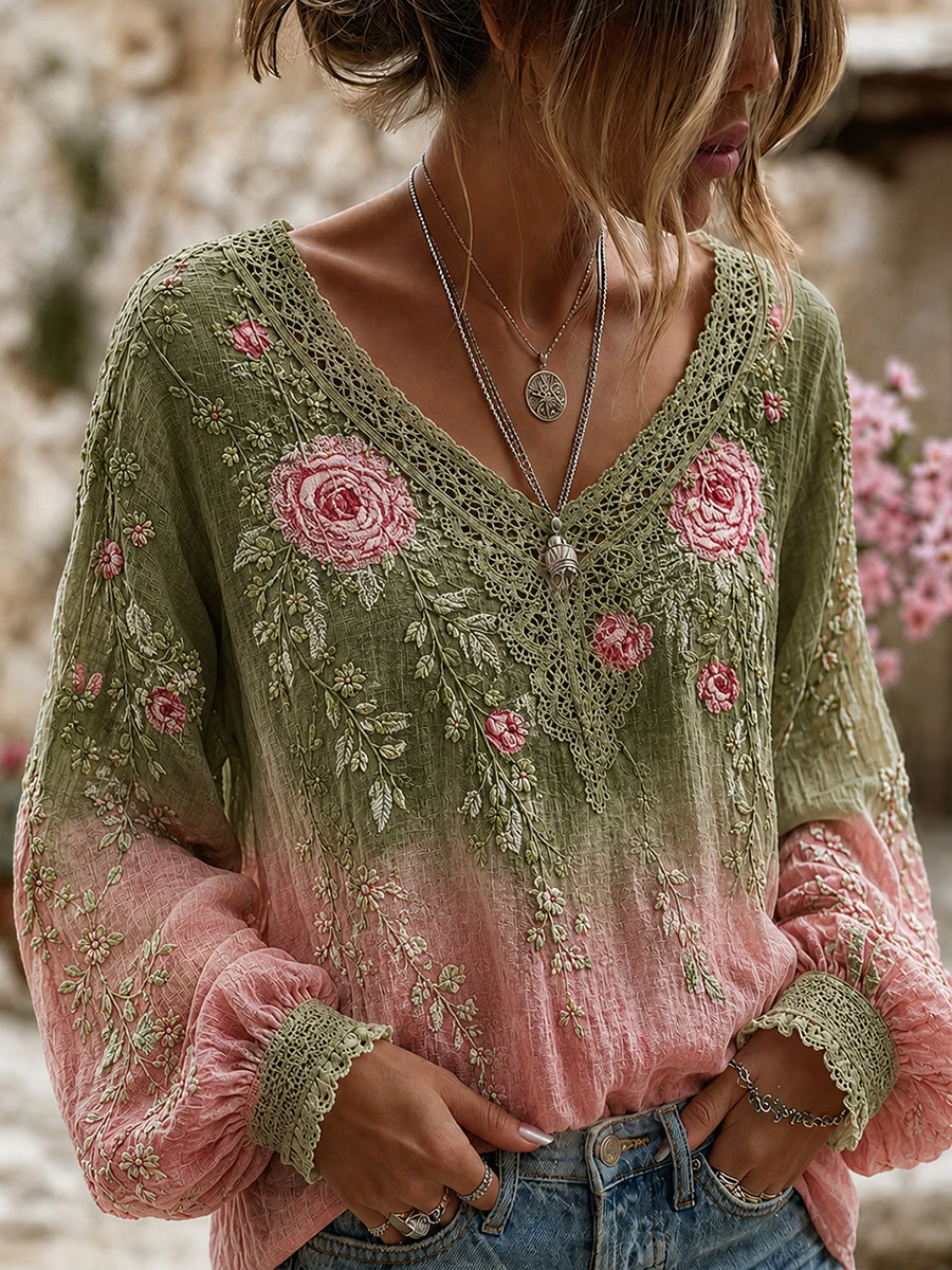 Blusa feminina casual de algodão-linho com estampa floral clássica