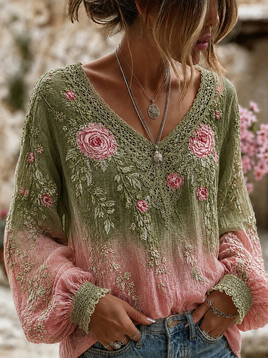 Blusa feminina casual de algodão-linho com estampa floral clássica
