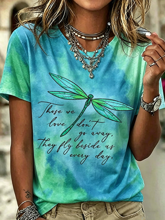 Libélula flores das mulheres impressas moda vintage manga curta solta t-shirt