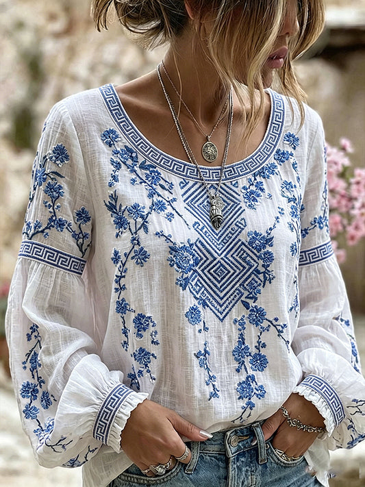 Blusa feminina casual de algodão-linho com estampa floral clássica