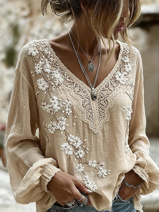 Feminino Estilo Vintage Casual Algodão-Linho Top com Bordado Floral e Patchwork Impresso