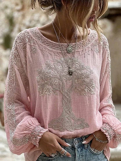 Blusa feminina casual de algodão-linho com estampa floral clássica