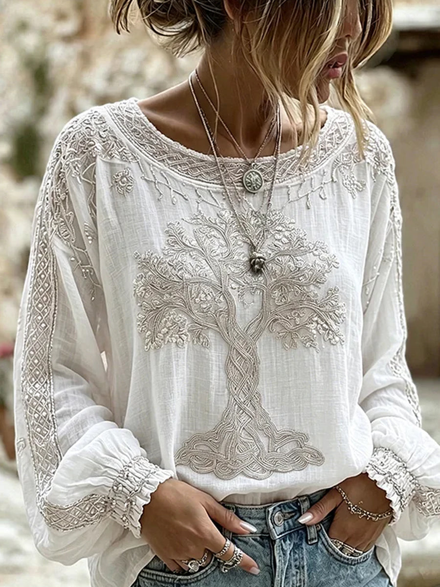 Blusa feminina casual de algodão-linho com estampa floral clássica