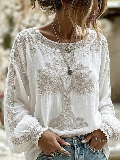 Blusa feminina casual de algodão-linho com estampa floral clássica