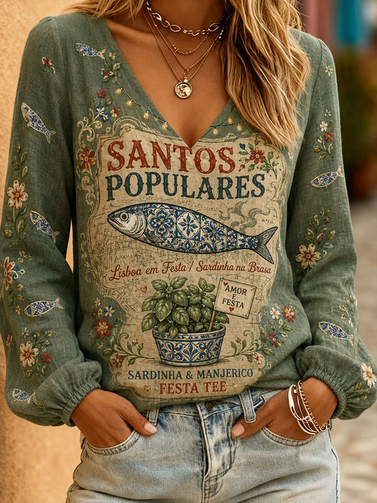 Blusas de Linho Estampadas com Arte da Festa dos Santos Populares de Portugal para Mulheres