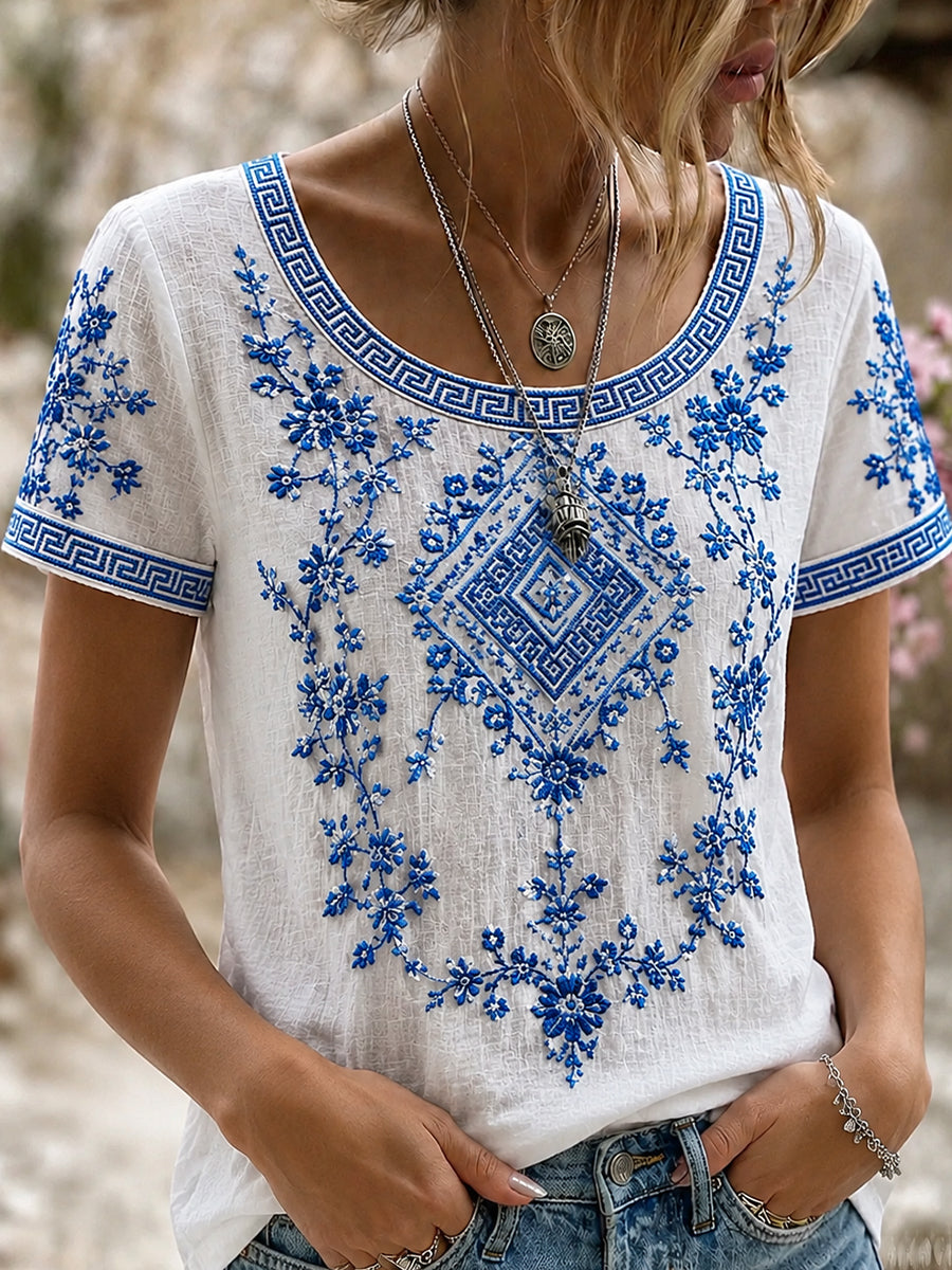 Blusa feminina casual de algodão-linho com estampa floral clássica