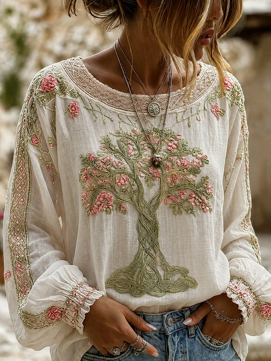 Blusa feminina casual de algodão-linho com estampa floral clássica