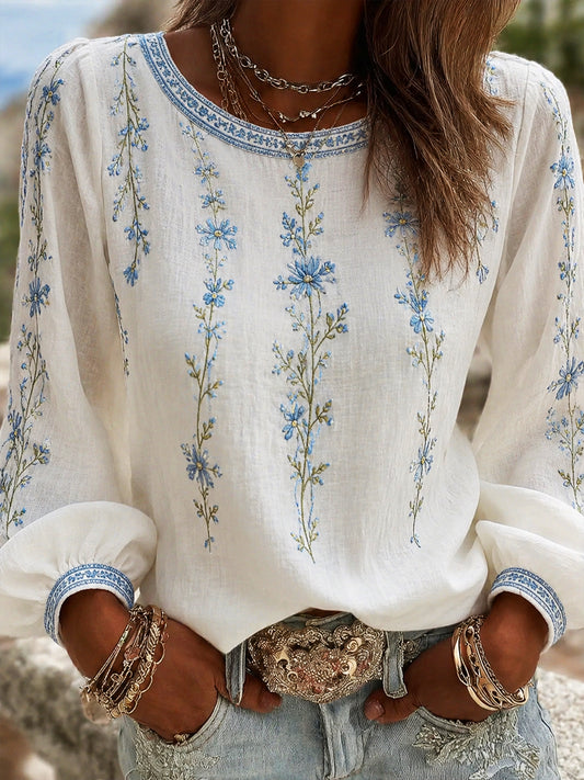 Blusa feminina casual de algodão-linho com estampa floral clássica