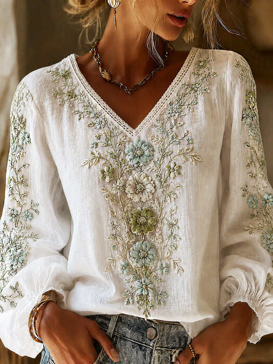 Blusa feminina casual de algodão-linho com estampa floral clássica