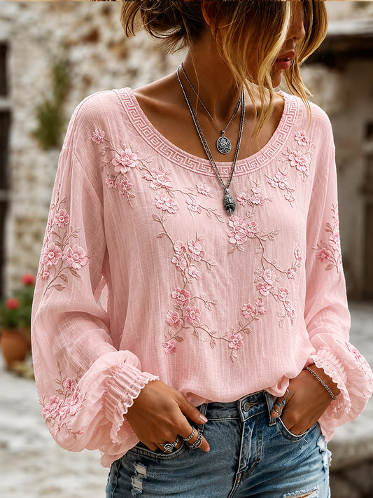 Blusa feminina casual de algodão-linho com estampa floral clássica