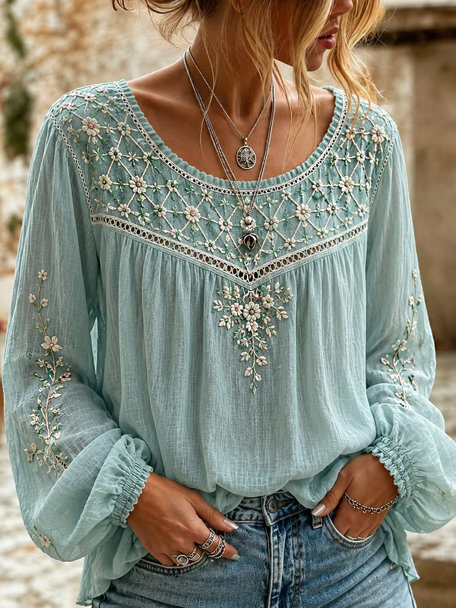 Blusa feminina casual de algodão-linho com estampa floral clássica