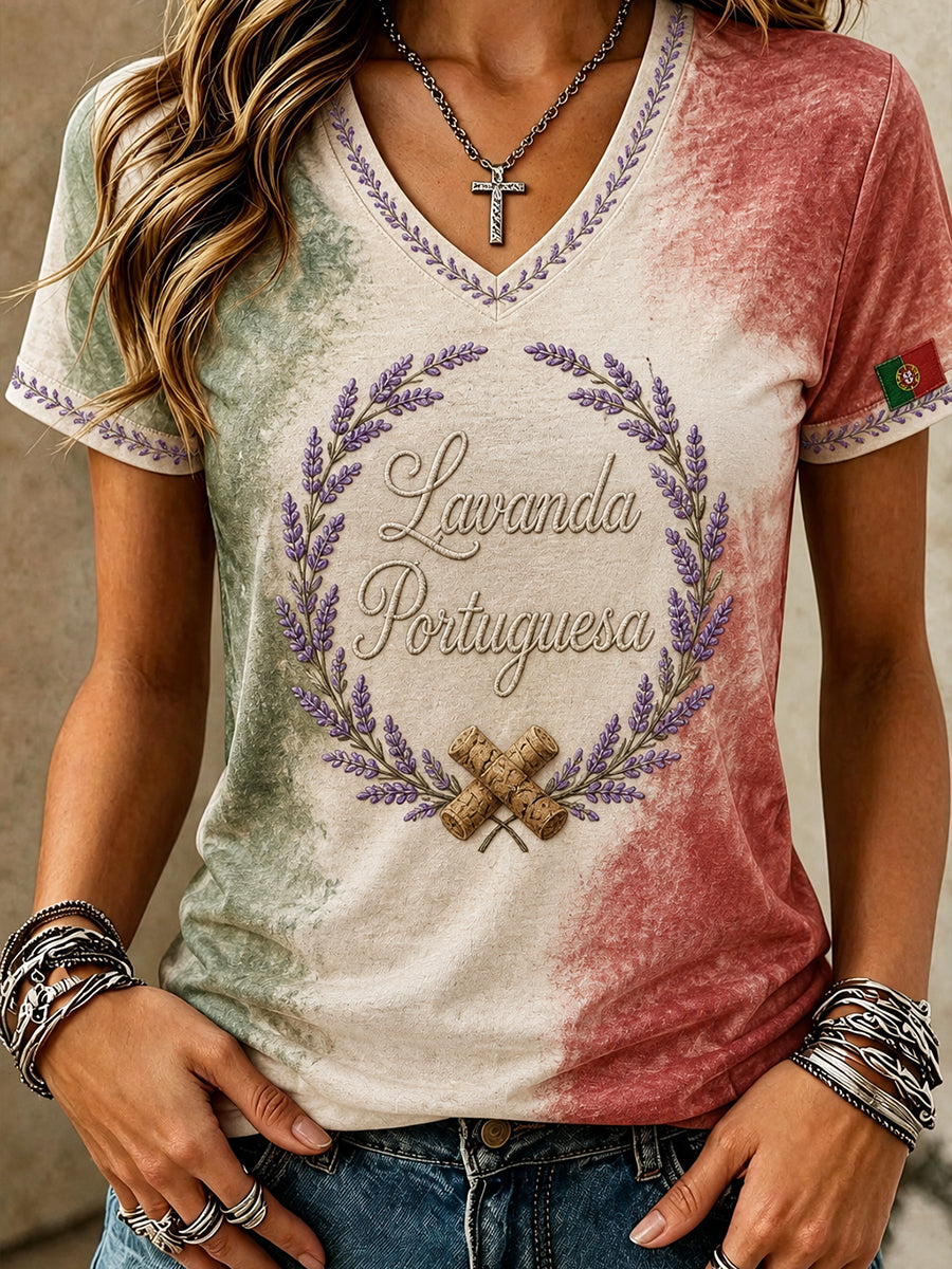 Camiseta Casual com Gola em V e Estampa de Portugal para Mulheres