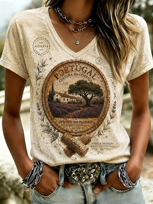 Camiseta Casual com Gola em V e Estampa de Portugal para Mulheres