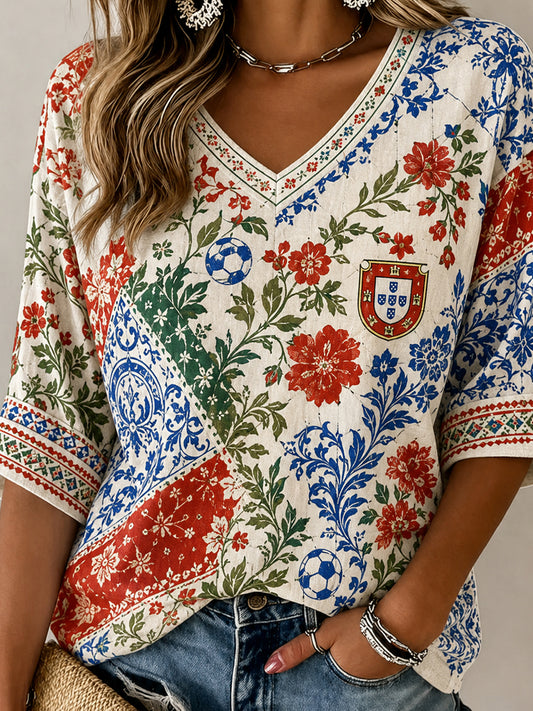 Camisa de Linho com Gola em V e Estampa de Dia de Santo Antônio, para Mulheres, Portugal
