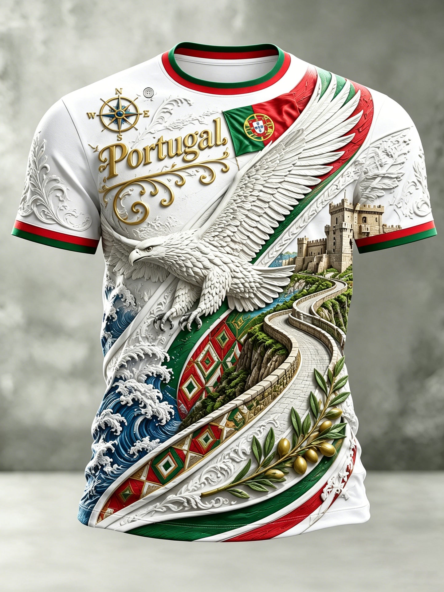 Portugal futebol jogo torcendo camiseta masculina com impressão artística em relevo-Textura