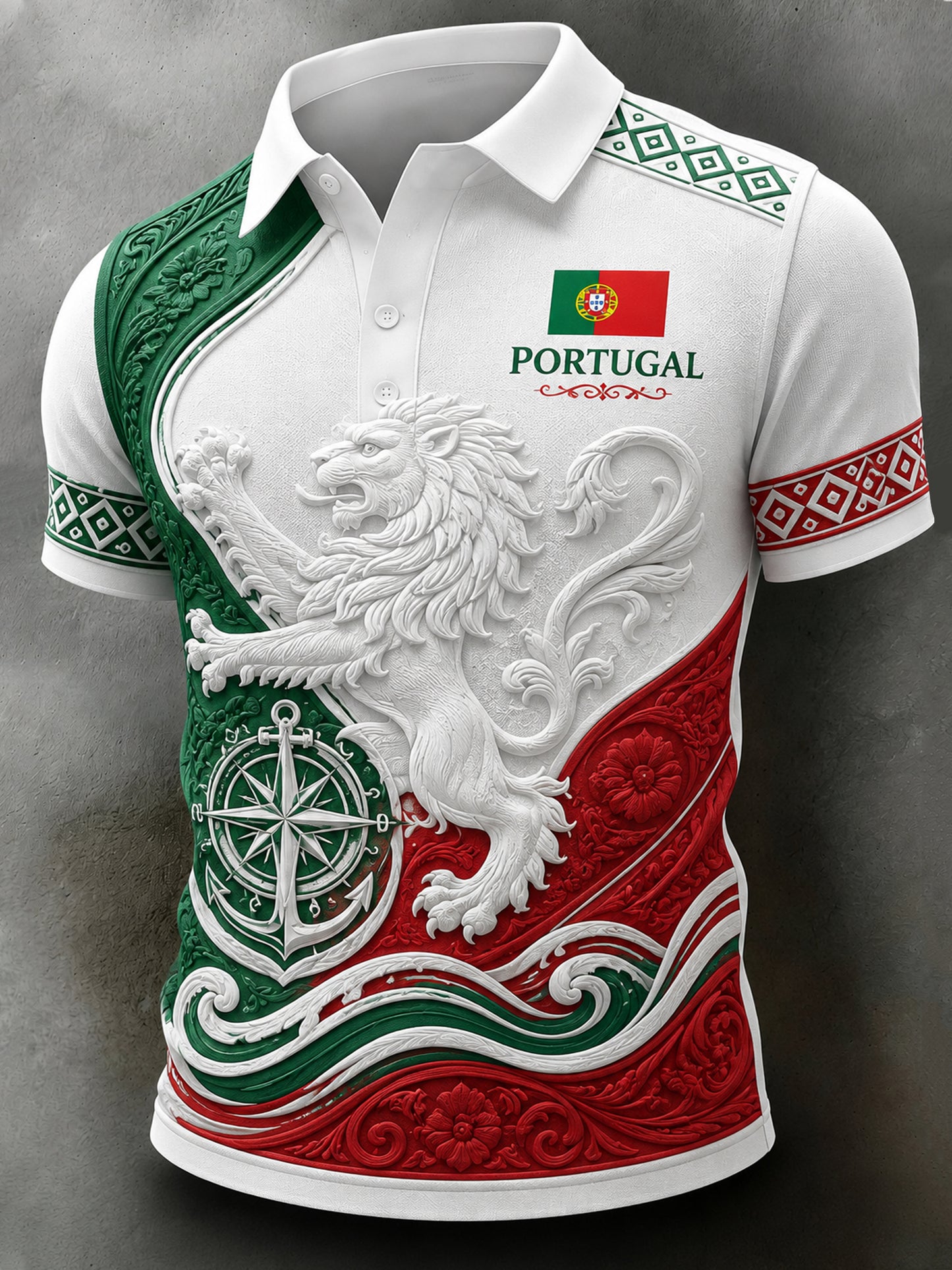 Polo masculino de futebol Portugal com tema Match com impressão artística em relevo-Textura