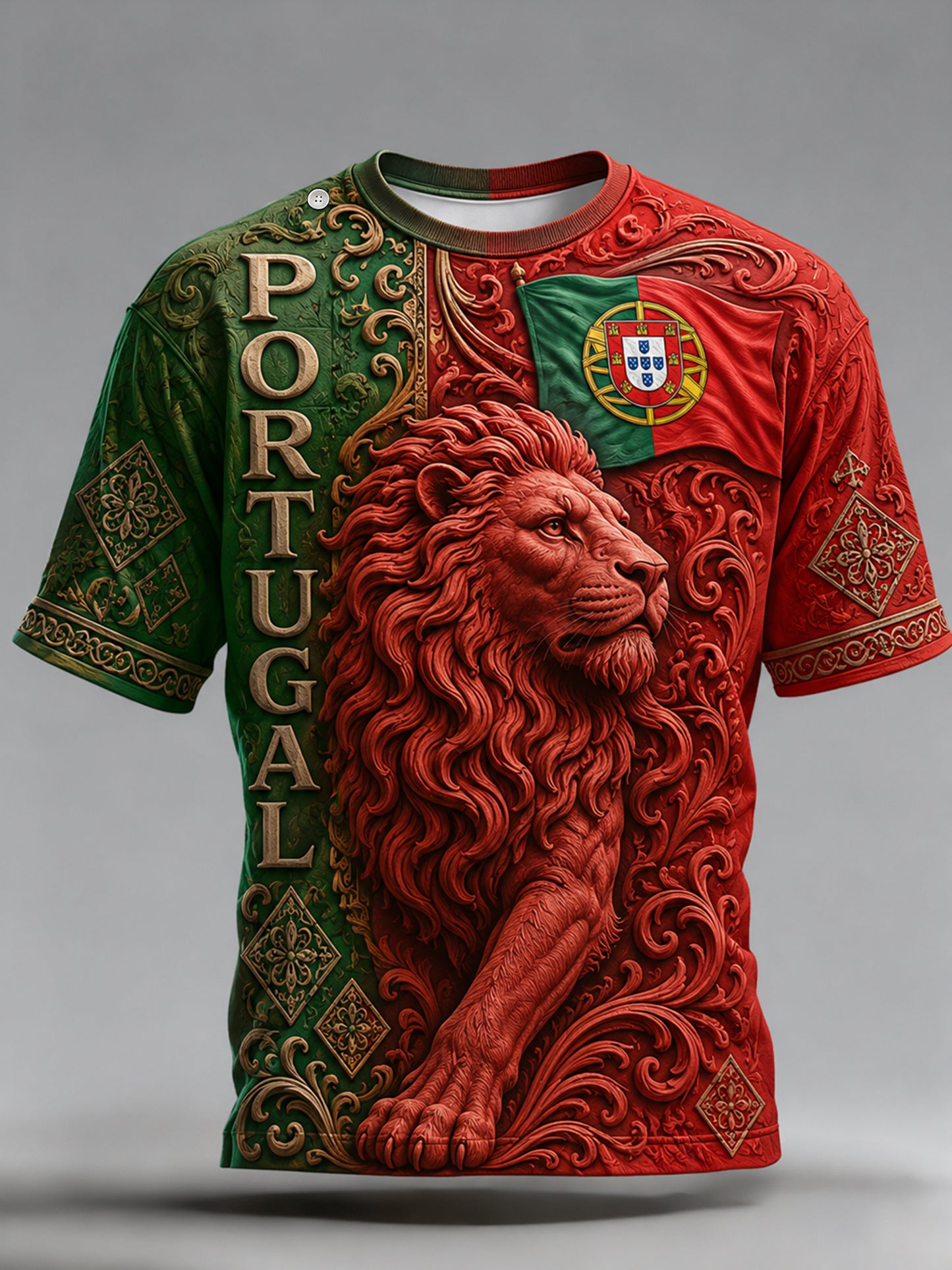 Camiseta masculina de torcida para jogos de futebol da seleção portuguesa, com estampa artística em relevo