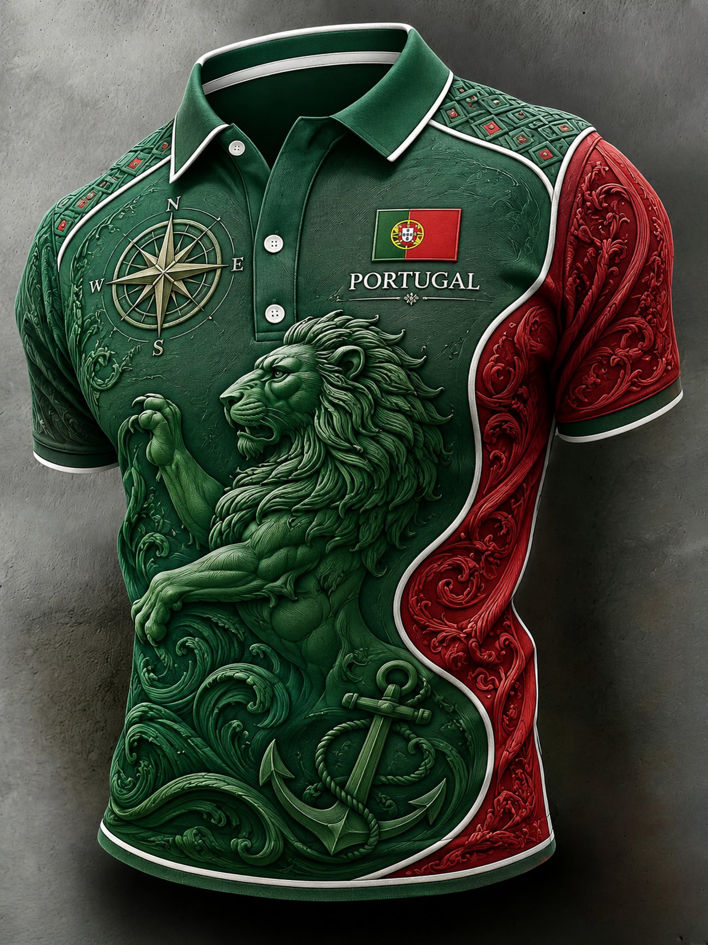 Camisa polo masculina com tema de futebol da seleção portuguesa, estampada em relevo com textura artística