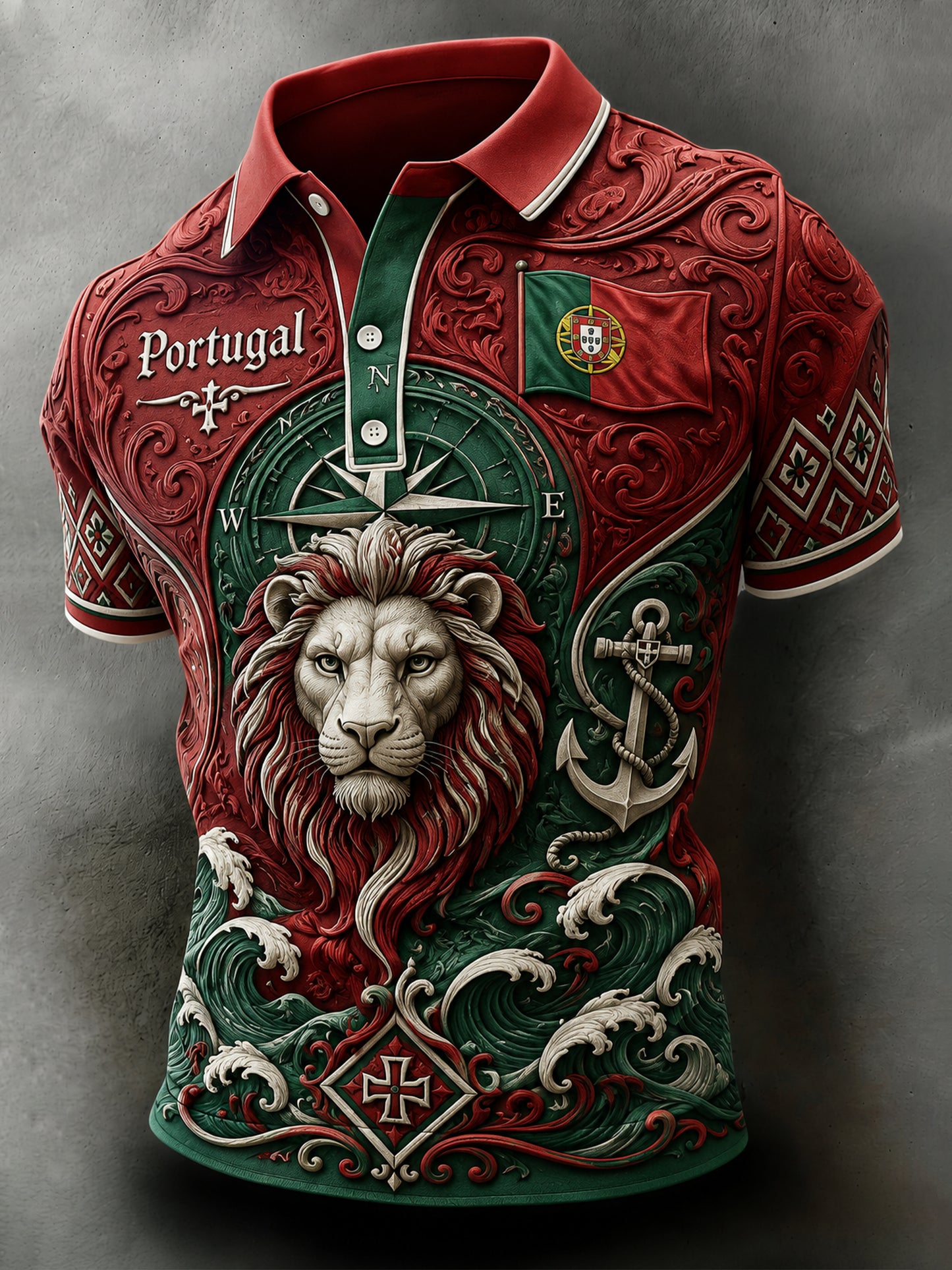 Camisa polo masculina com tema de futebol da seleção portuguesa, estampada em relevo com textura artística