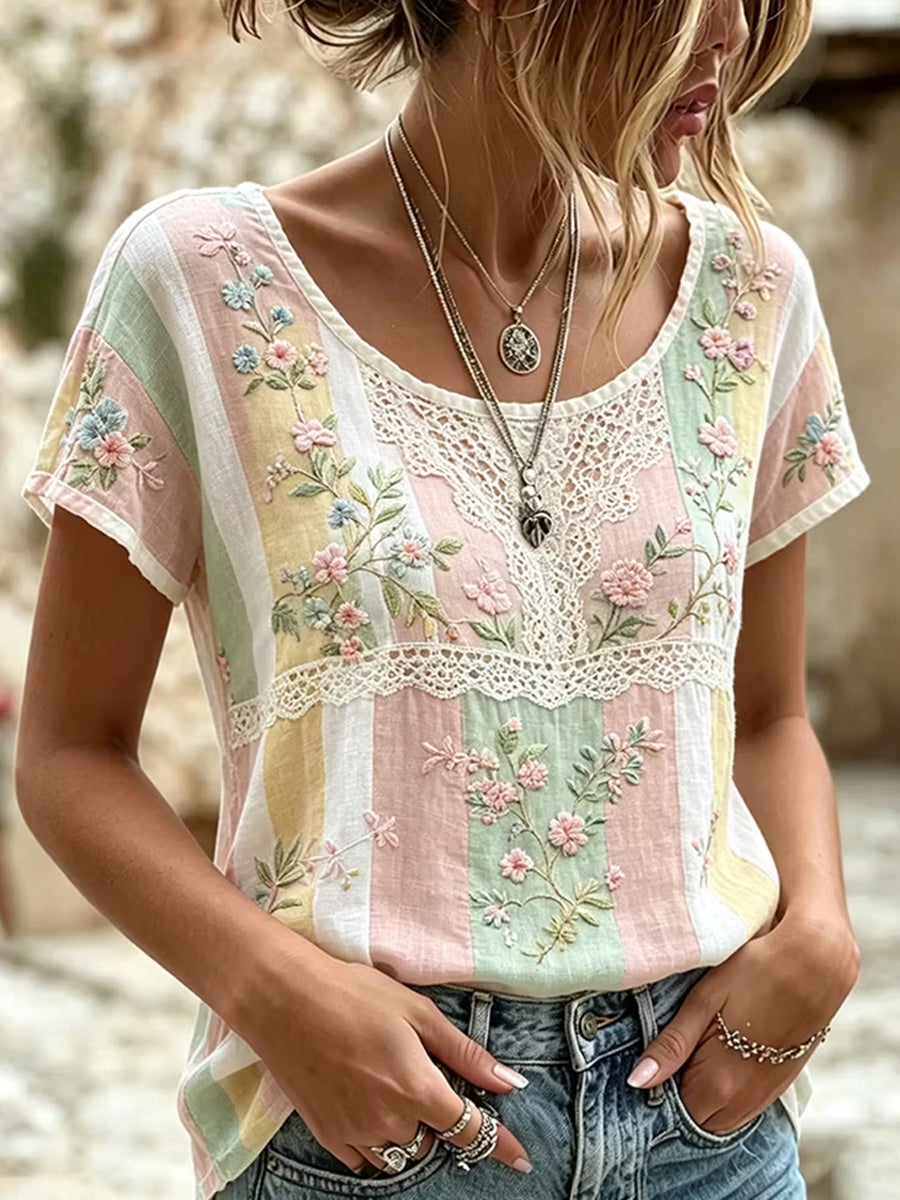Blusa feminina casual de algodão-linho com estampa floral clássica