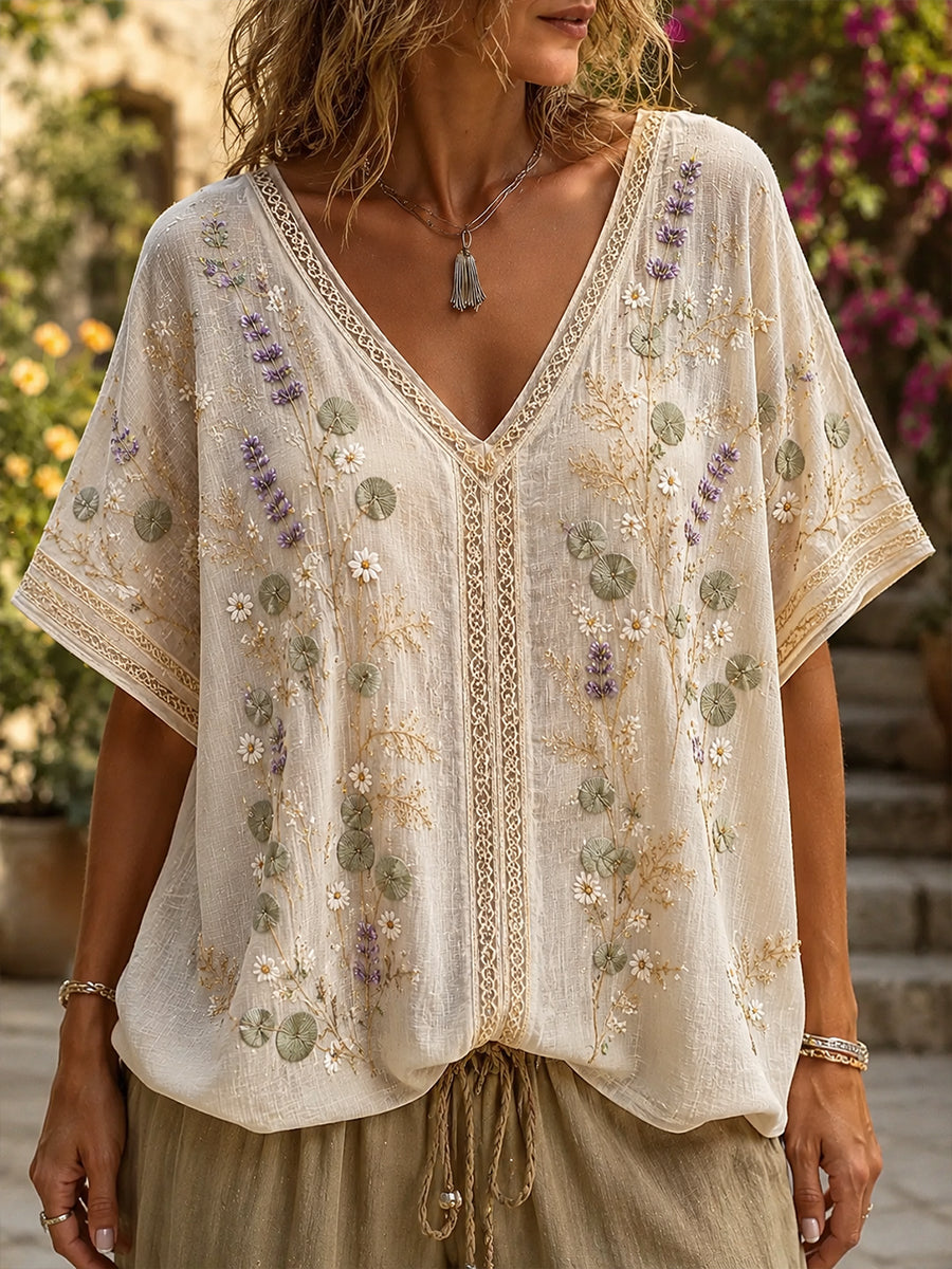 Blusa feminina casual de algodão-linho com estampa floral clássica
