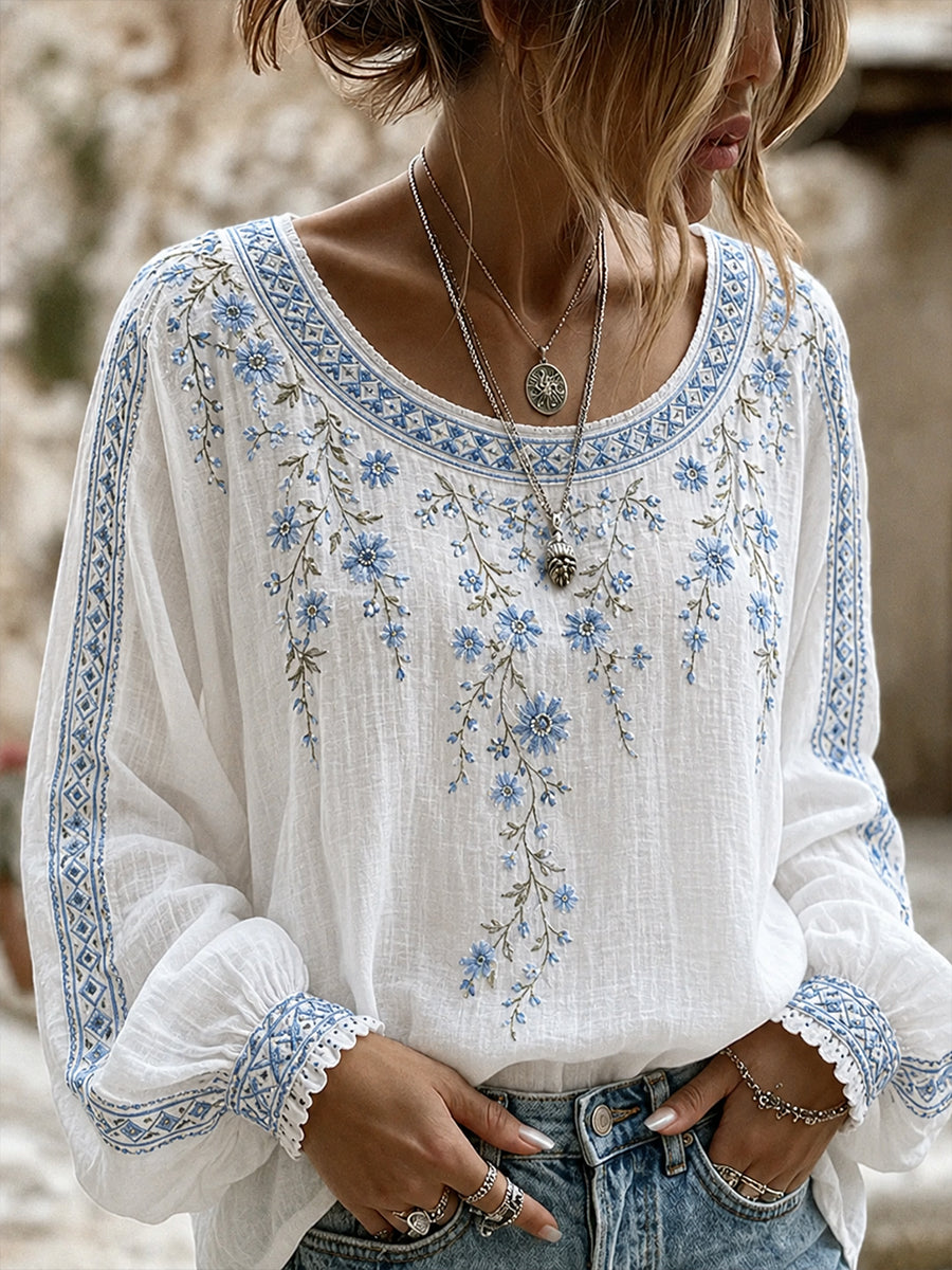 Blusa feminina casual de algodão-linho com estampa floral clássica