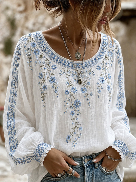 Blusa feminina casual de algodão-linho com estampa floral clássica