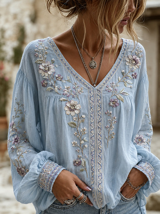 Blusa feminina casual de algodão-linho com estampa floral clássica