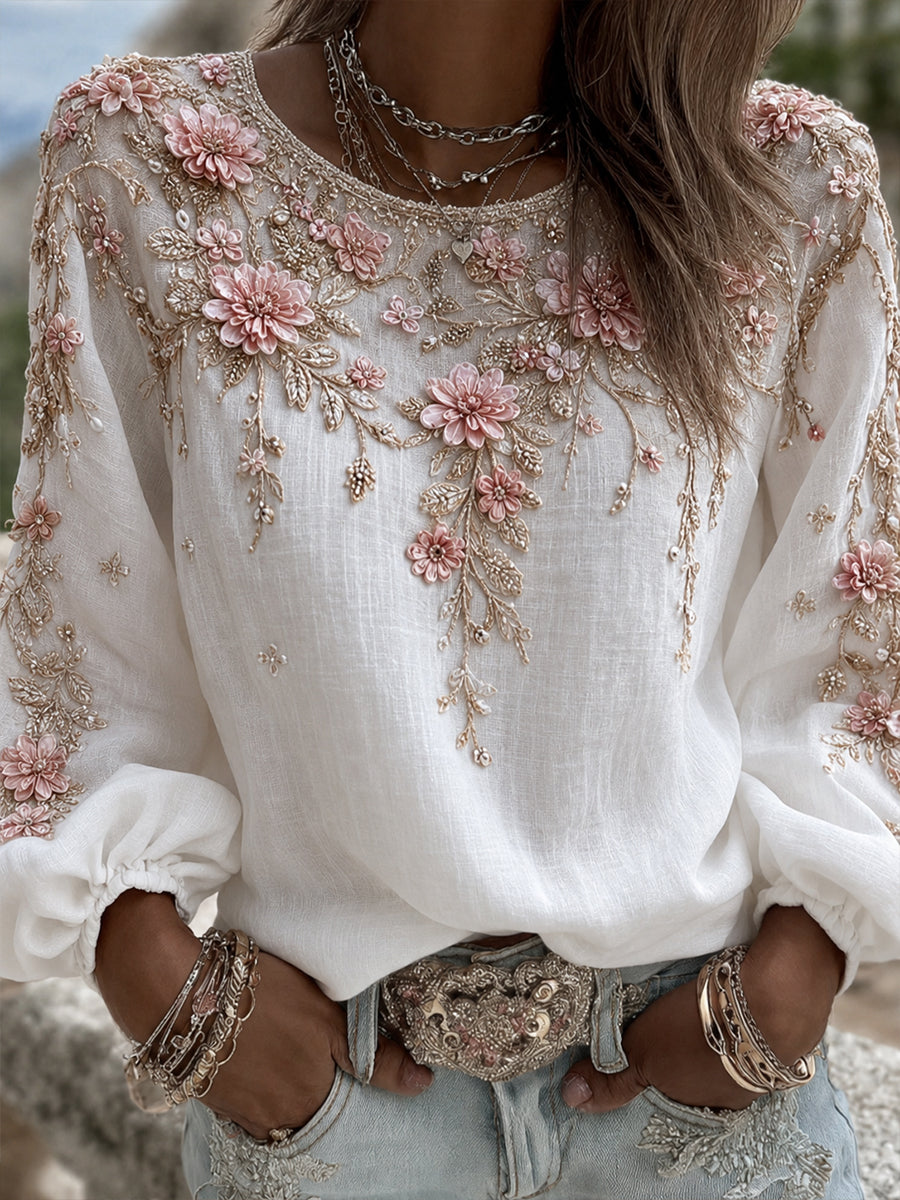 Blusa feminina casual de algodão-linho com estampa floral clássica