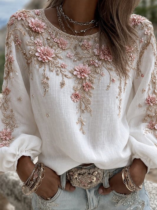 Blusa feminina casual de algodão-linho com estampa floral clássica