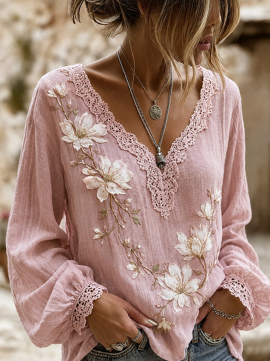 Blusa feminina casual de algodão-linho com estampa floral clássica