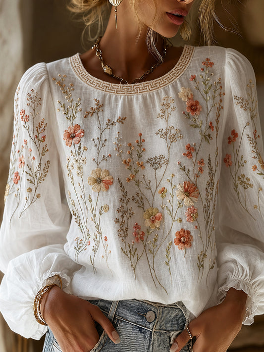 Blusa feminina casual de algodão-linho com estampa floral clássica