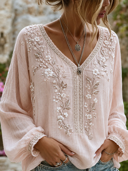 Blusa feminina casual de algodão-linho com estampa floral clássica