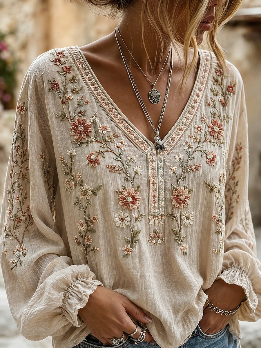 Blusa feminina casual de algodão-linho com estampa floral clássica